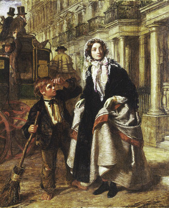 Lady waiting to cross a street, with a little boy crossing-sweeper begging for money.